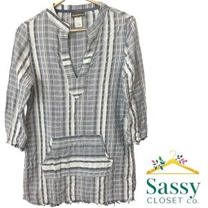 ✨ TOMMY BAHAMA Blue White Stripe Cotton Popover Tunic Small Resort EUC ⚓